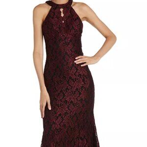 Maroon Nightway Glitter-Lace Keyhole Gown